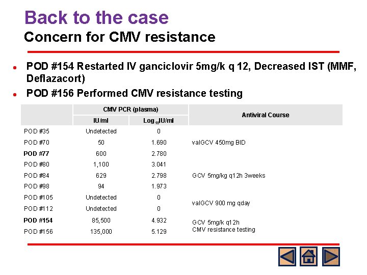 Back to the case Concern for CMV resistance l l POD #154 Restarted IV