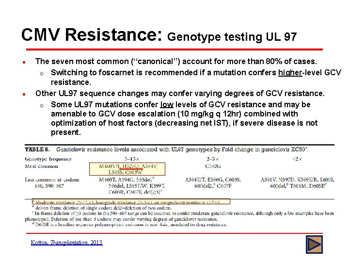 CMV Resistance: Genotype testing UL 97 l l The seven most common (‘‘canonical’’) account