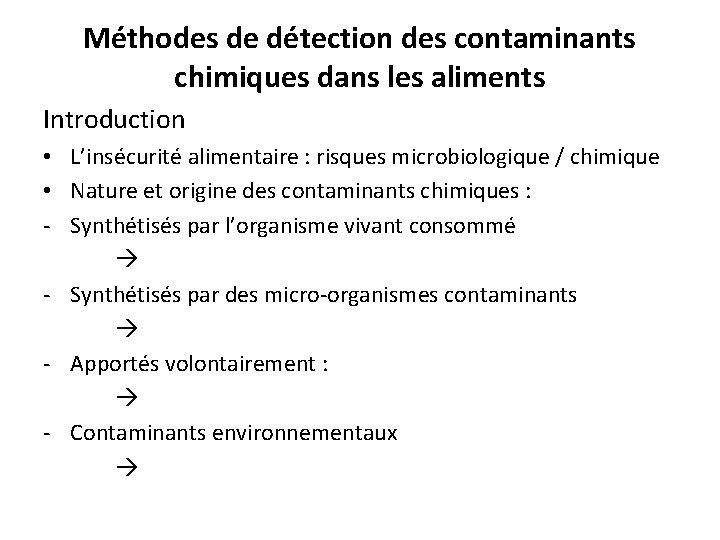 Méthodes de détection des contaminants chimiques dans les aliments Introduction • L’insécurité alimentaire :