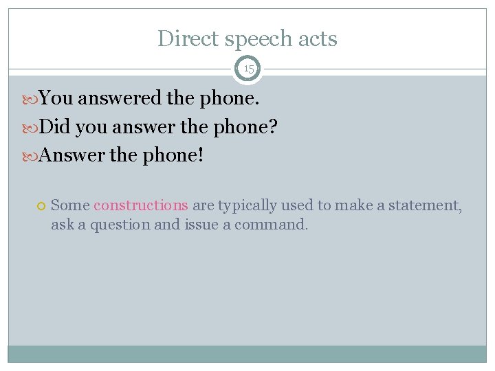 Direct speech acts 15 You answered the phone. Did you answer the phone? Answer Direct speech acts 15 You answered the phone. Did you answer the phone? Answer