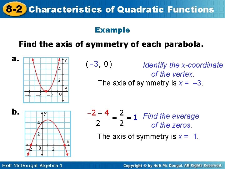 8 -2 Characteristics of Quadratic Functions Example Find the axis of symmetry of each