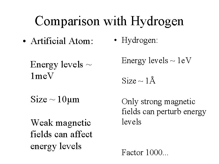 Comparison with Hydrogen • Artificial Atom: • Hydrogen: Energy levels ~ 1 me. V