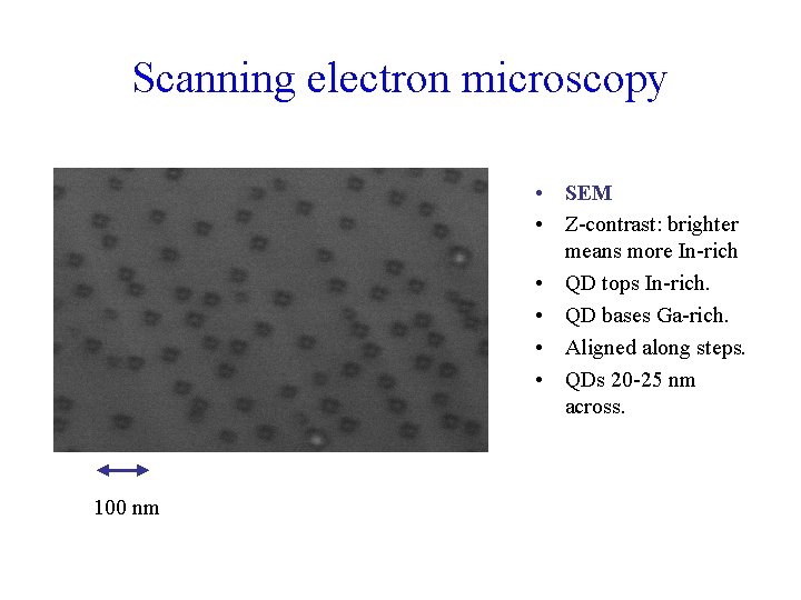 Scanning electron microscopy • SEM • Z-contrast: brighter means more In-rich • QD tops