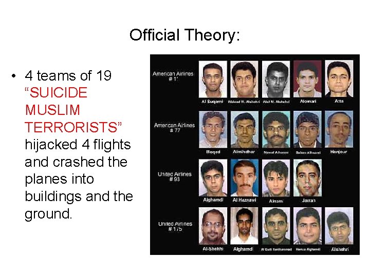Official Theory: • 4 teams of 19 “SUICIDE MUSLIM TERRORISTS” hijacked 4 flights and