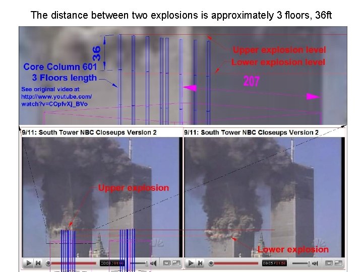 The distance between two explosions is approximately 3 floors, 36 ft 