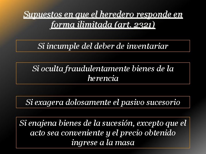 Supuestos en que el heredero responde en forma ilimitada (art. 2321) Si incumple del