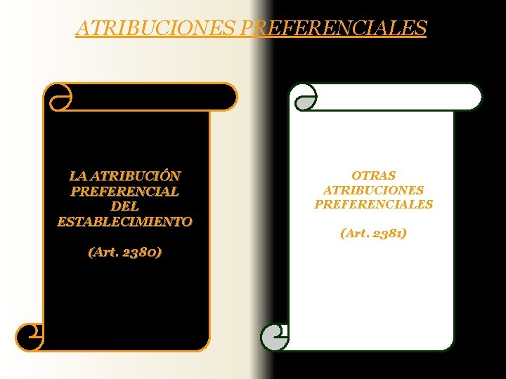 ATRIBUCIONES PREFERENCIALES LA ATRIBUCIÓN PREFERENCIAL DEL ESTABLECIMIENTO (Art. 2380) OTRAS ATRIBUCIONES PREFERENCIALES (Art. 2381)
