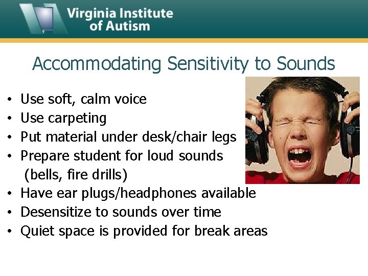 Accommodating Sensitivity to Sounds Use soft, calm voice Use carpeting Put material under desk/chair