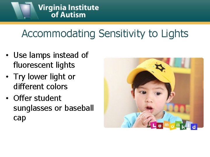Accommodating Sensitivity to Lights • Use lamps instead of fluorescent lights • Try lower