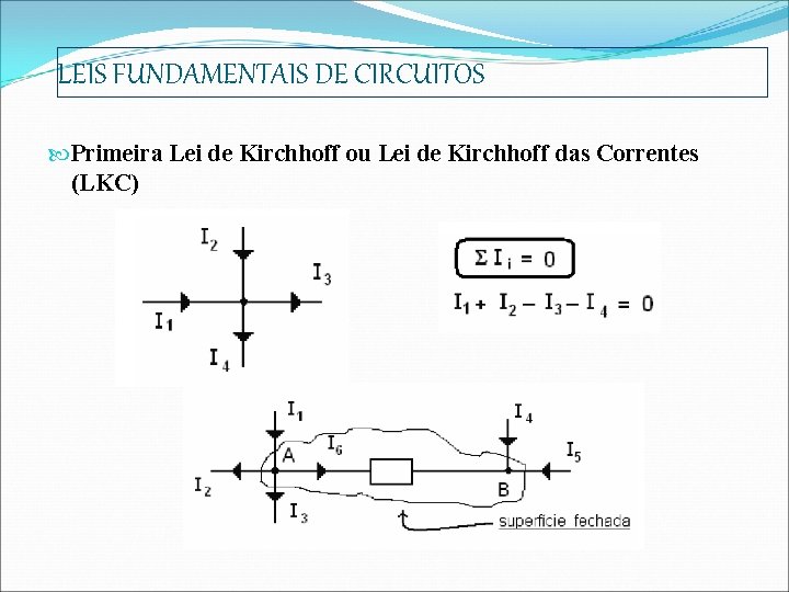 LEIS FUNDAMENTAIS DE CIRCUITOS Primeira Lei de Kirchhoff ou Lei de Kirchhoff das Correntes