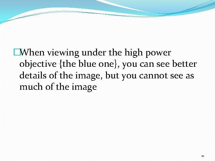 �When viewing under the high power objective {the blue one}, you can see better