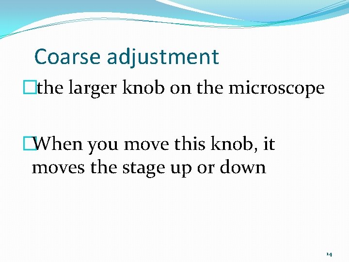 Coarse adjustment �the larger knob on the microscope �When you move this knob, it