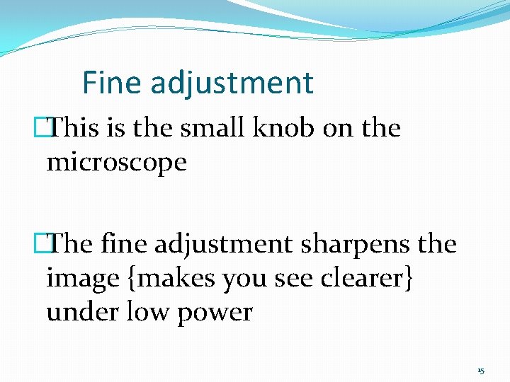 Fine adjustment �This is the small knob on the microscope �The fine adjustment sharpens