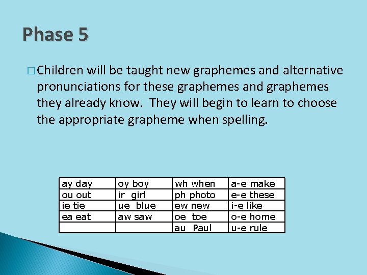 Phase 5 � Children will be taught new graphemes and alternative pronunciations for these