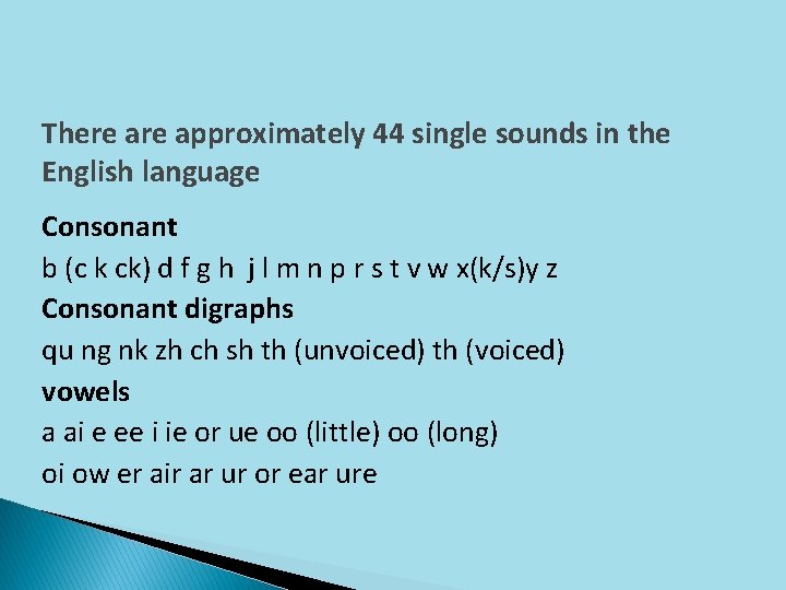 There approximately 44 single sounds in the English language Consonant b (c k ck)