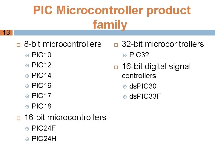 PIC Microcontroller product family 13 8 -bit microcontrollers PIC 10 PIC 12 PIC 14