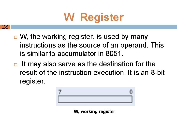  W Register 28 W, the working register, is used by many instructions as