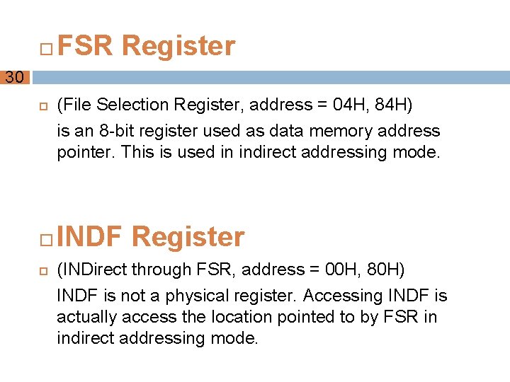  FSR Register 30 (File Selection Register, address = 04 H, 84 H) is