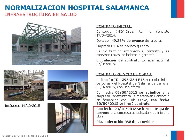 NORMALIZACION HOSPITAL SALAMANCA INFRAESTRUCTURA EN SALUD CONTRATO INICIAL: Consorcio INCA-Ortiz, 17/04/2014. termino contrato Obra