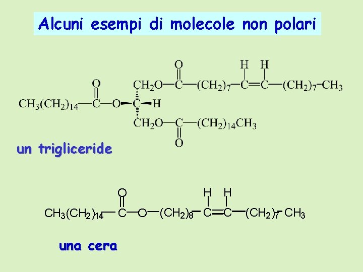 Alcuni esempi di molecole non polari un trigliceride O CH 3(CH 2)14 C O Alcuni esempi di molecole non polari un trigliceride O CH 3(CH 2)14 C O