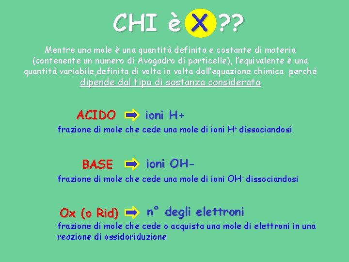CHI è X ? ? Mentre una mole è una quantità definita e costante CHI è X ? ? Mentre una mole è una quantità definita e costante