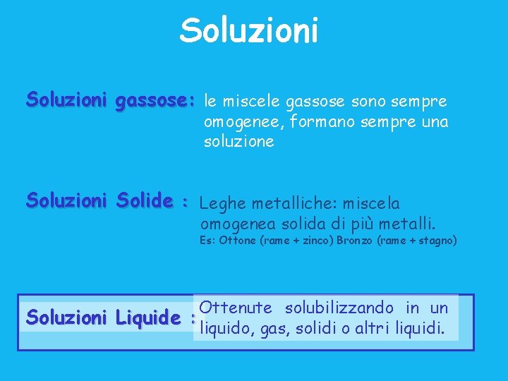 Soluzioni gassose: le miscele gassose sono sempre omogenee, formano sempre una soluzione Soluzioni Solide Soluzioni gassose: le miscele gassose sono sempre omogenee, formano sempre una soluzione Soluzioni Solide