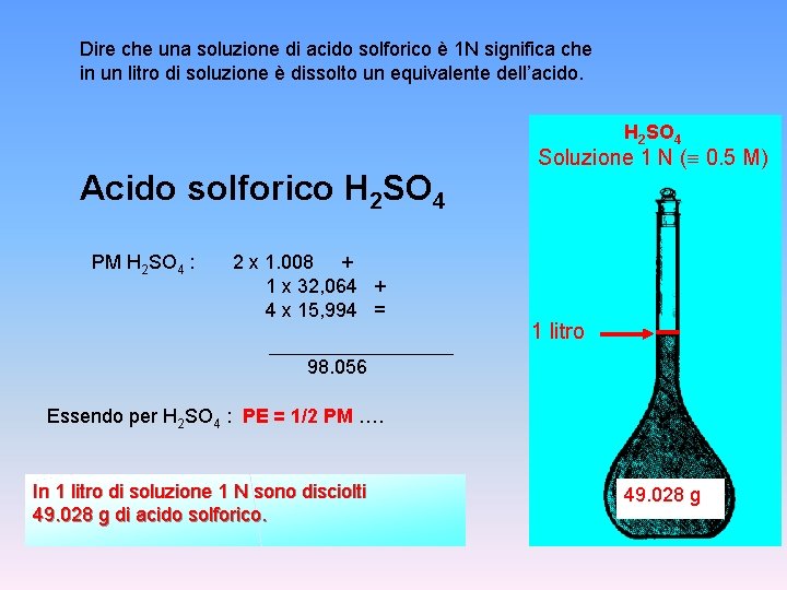 Dire che una soluzione di acido solforico è 1 N significa che in un Dire che una soluzione di acido solforico è 1 N significa che in un