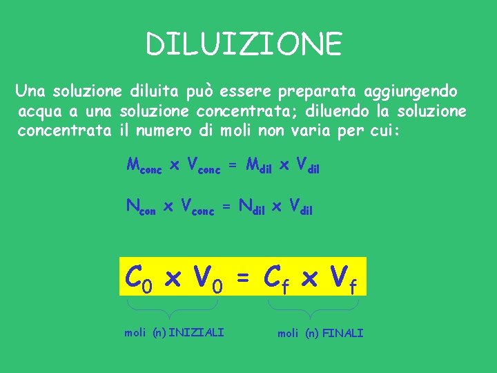DILUIZIONE Una soluzione diluita può essere preparata aggiungendo acqua a una soluzione concentrata; diluendo DILUIZIONE Una soluzione diluita può essere preparata aggiungendo acqua a una soluzione concentrata; diluendo