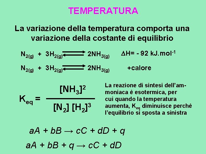 TEMPERATURA La variazione della temperatura comporta una variazione della costante di equilibrio N 2(g) TEMPERATURA La variazione della temperatura comporta una variazione della costante di equilibrio N 2(g)