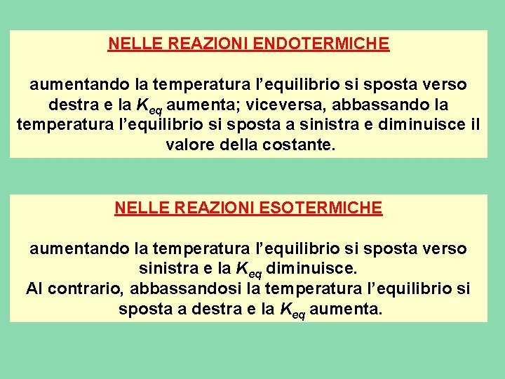 NELLE REAZIONI ENDOTERMICHE aumentando la temperatura l’equilibrio si sposta verso destra e la Keq NELLE REAZIONI ENDOTERMICHE aumentando la temperatura l’equilibrio si sposta verso destra e la Keq