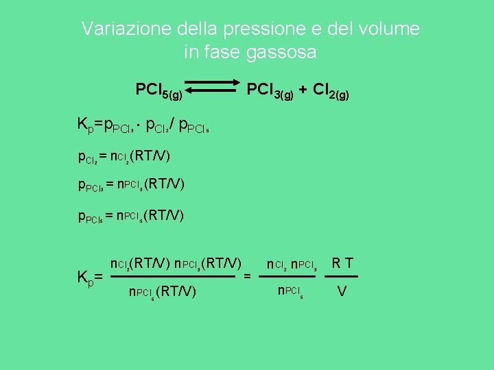 Variazione della pressione e del volume in fase gassosa PCl 5(g) PCl 3(g) + Variazione della pressione e del volume in fase gassosa PCl 5(g) PCl 3(g) +