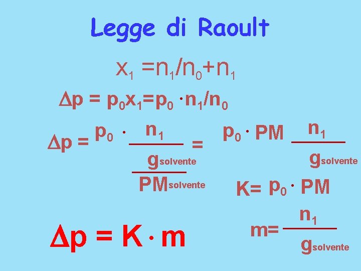 Legge di Raoult x 1 =n 1/n 0+n 1 p = p 0 x Legge di Raoult x 1 =n 1/n 0+n 1 p = p 0 x