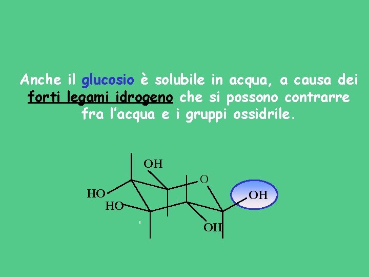 Anche il glucosio è solubile in acqua, a causa dei forti legami idrogeno che Anche il glucosio è solubile in acqua, a causa dei forti legami idrogeno che