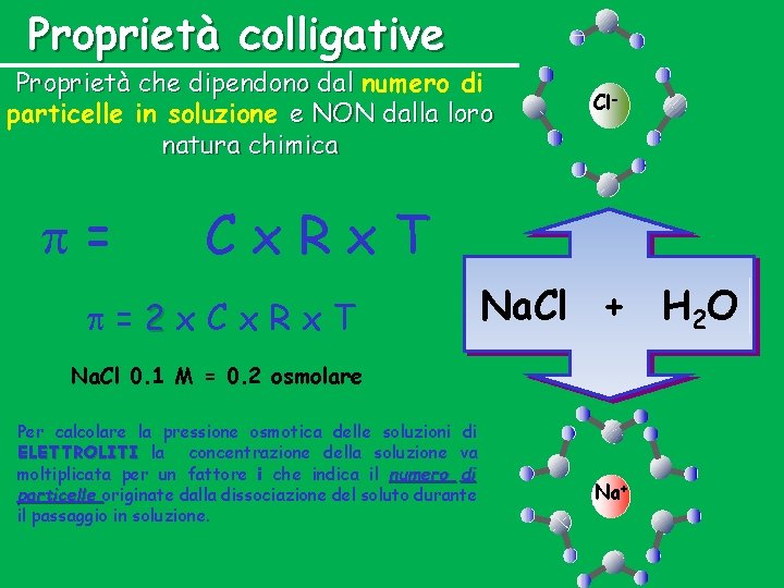 Proprietà colligative Proprietà che dipendono dal numero di particelle in soluzione e NON dalla Proprietà colligative Proprietà che dipendono dal numero di particelle in soluzione e NON dalla