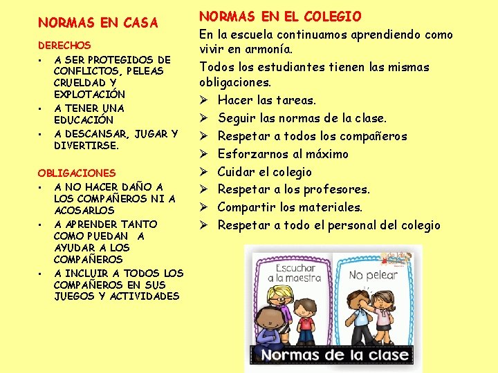 NORMAS EN CASA DERECHOS • A SER PROTEGIDOS DE CONFLICTOS, PELEAS CRUELDAD Y EXPLOTACIÓN