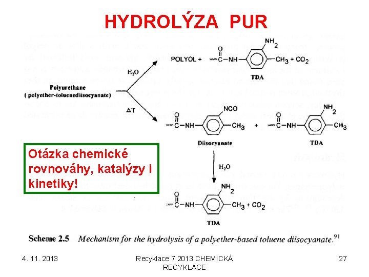 HYDROLÝZA PUR Otázka chemické rovnováhy, katalýzy i kinetiky! 4. 11. 2013 Recyklace 7 2013 HYDROLÝZA PUR Otázka chemické rovnováhy, katalýzy i kinetiky! 4. 11. 2013 Recyklace 7 2013