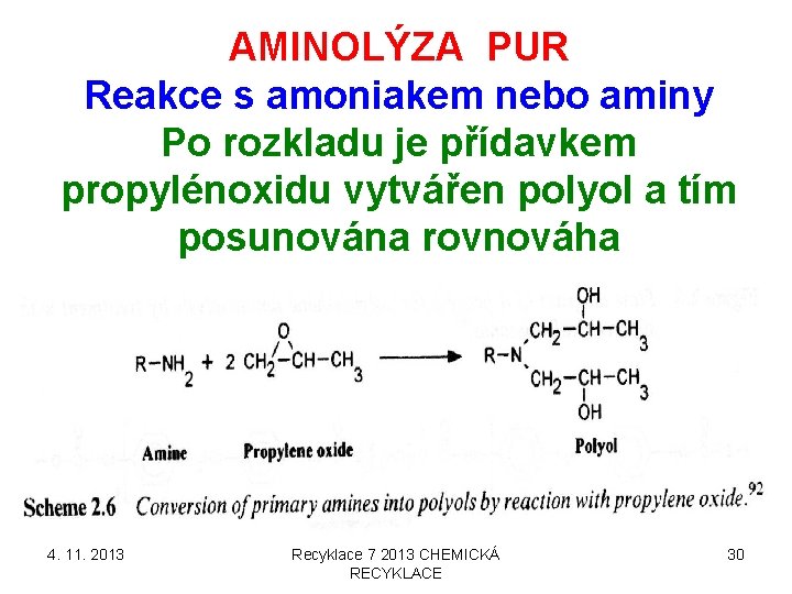 AMINOLÝZA PUR Reakce s amoniakem nebo aminy Po rozkladu je přídavkem propylénoxidu vytvářen polyol AMINOLÝZA PUR Reakce s amoniakem nebo aminy Po rozkladu je přídavkem propylénoxidu vytvářen polyol