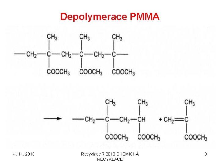 Depolymerace PMMA 4. 11. 2013 Recyklace 7 2013 CHEMICKÁ RECYKLACE 8 Depolymerace PMMA 4. 11. 2013 Recyklace 7 2013 CHEMICKÁ RECYKLACE 8