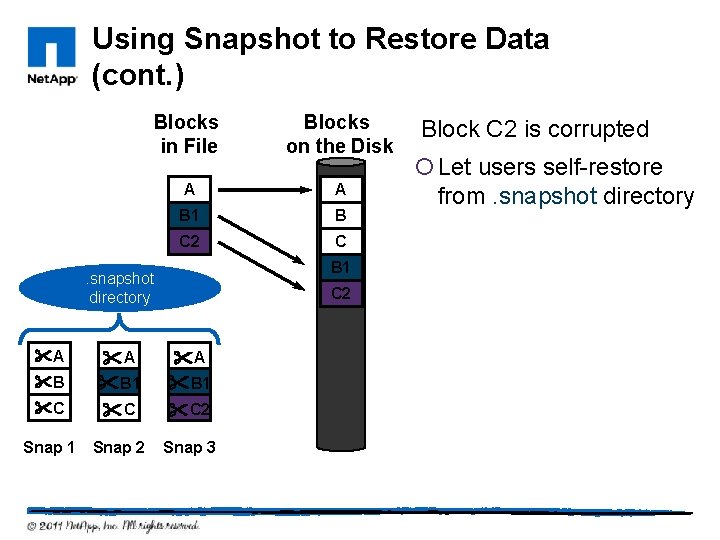Using Snapshot to Restore Data (cont. ) Blocks in File Blocks on the Disk