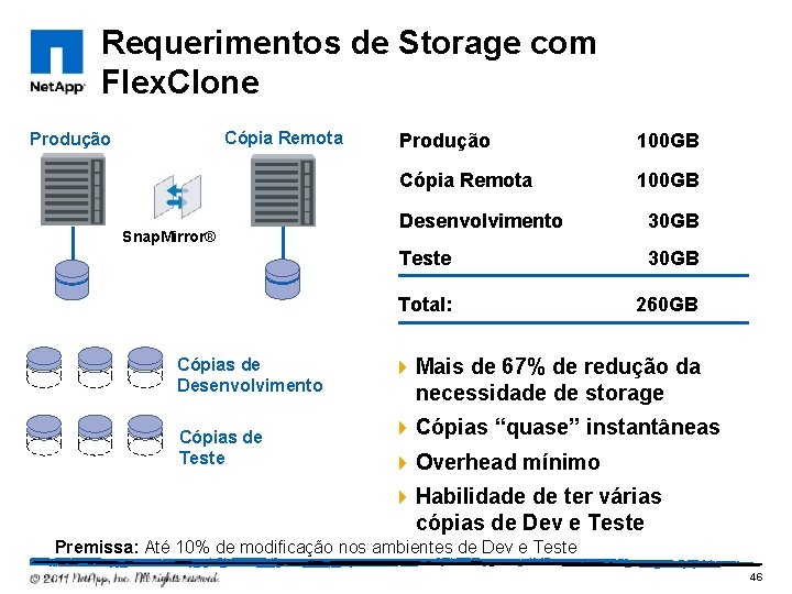 Requerimentos de Storage com Flex. Clone Cópia Remota Produção Snap. Mirror® Cópias de Desenvolvimento