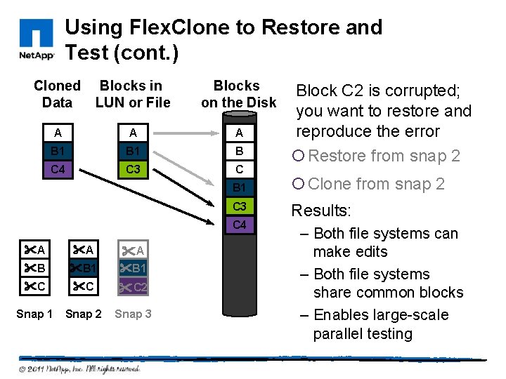 Using Flex. Clone to Restore and Test (cont. ) Cloned Data Blocks in LUN