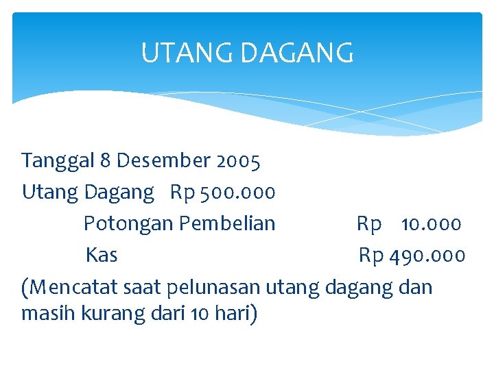 UTANG DAGANG Tanggal 8 Desember 2005 Utang Dagang Rp 500. 000 Potongan Pembelian Rp