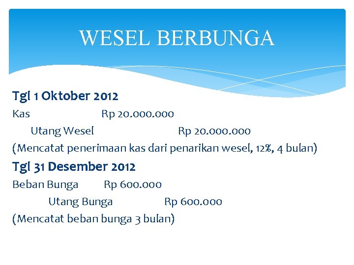 WESEL BERBUNGA Tgl 1 Oktober 2012 Kas Rp 20. 000 Utang Wesel Rp 20.