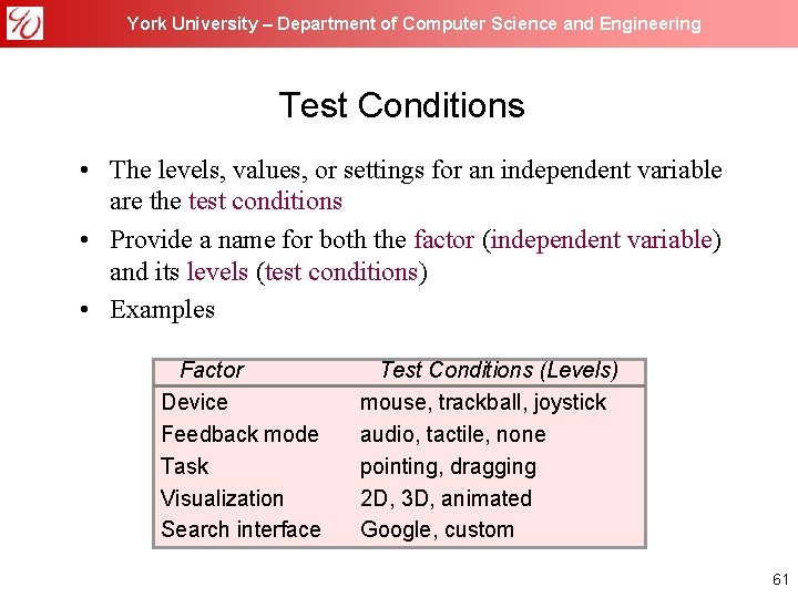 York University – Department of Computer Science and Engineering Test Conditions • The levels,