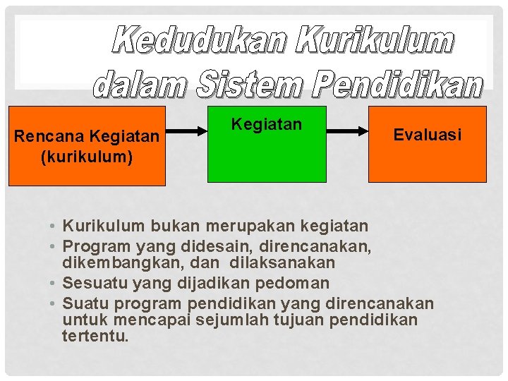 Rencana Kegiatan (kurikulum) Kegiatan Evaluasi • Kurikulum bukan merupakan kegiatan • Program yang didesain,