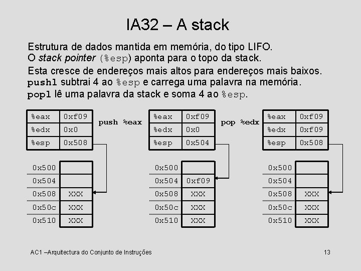 IA 32 – A stack Estrutura de dados mantida em memória, do tipo LIFO.