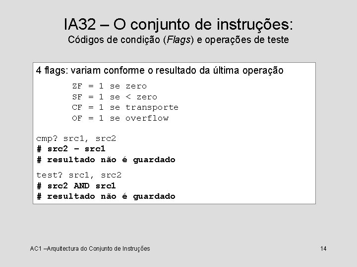 IA 32 – O conjunto de instruções: Códigos de condição (Flags) e operações de