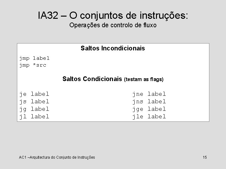 IA 32 – O conjuntos de instruções: Operações de controlo de fluxo Saltos Incondicionais