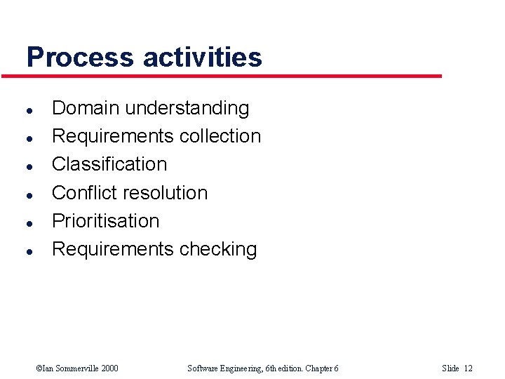 Process activities l l l Domain understanding Requirements collection Classification Conflict resolution Prioritisation Requirements