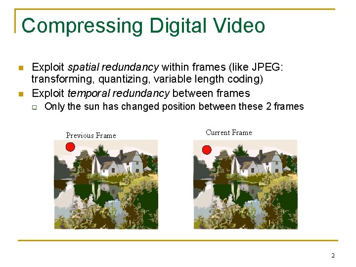 Compressing Digital Video n n Exploit spatial redundancy within frames (like JPEG: transforming, quantizing,
